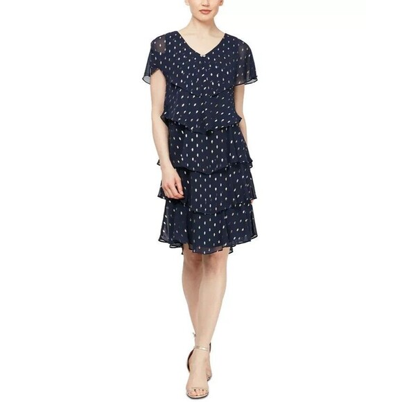 SL Fashions Polka-Dot Tiered Shift Dress, Navy/Gold, Size 6 - Picture 1 of 4